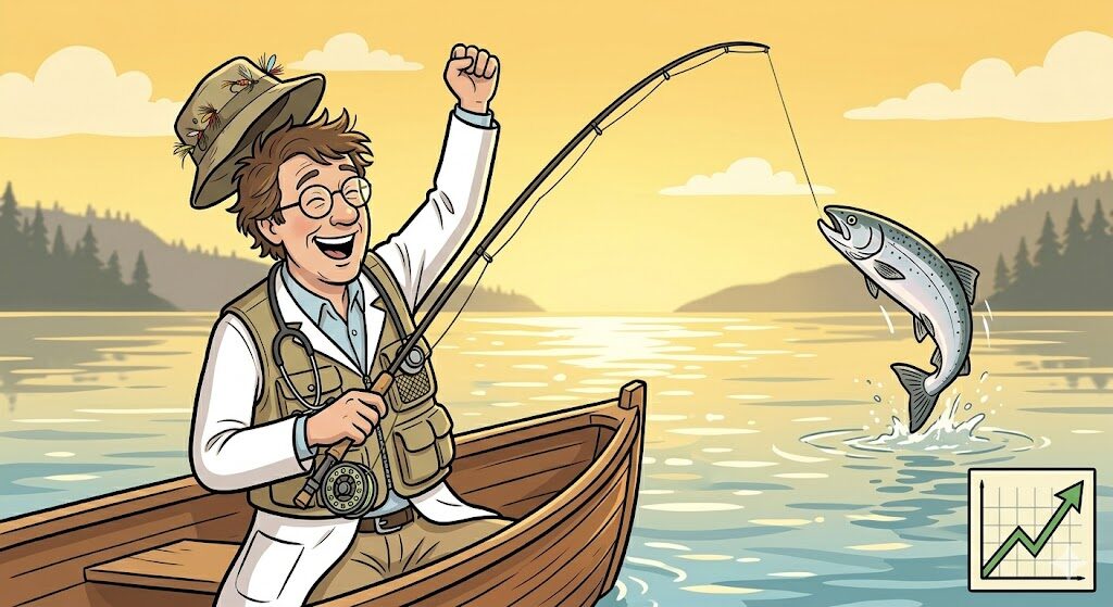 The doctor in a boat, landing a fish