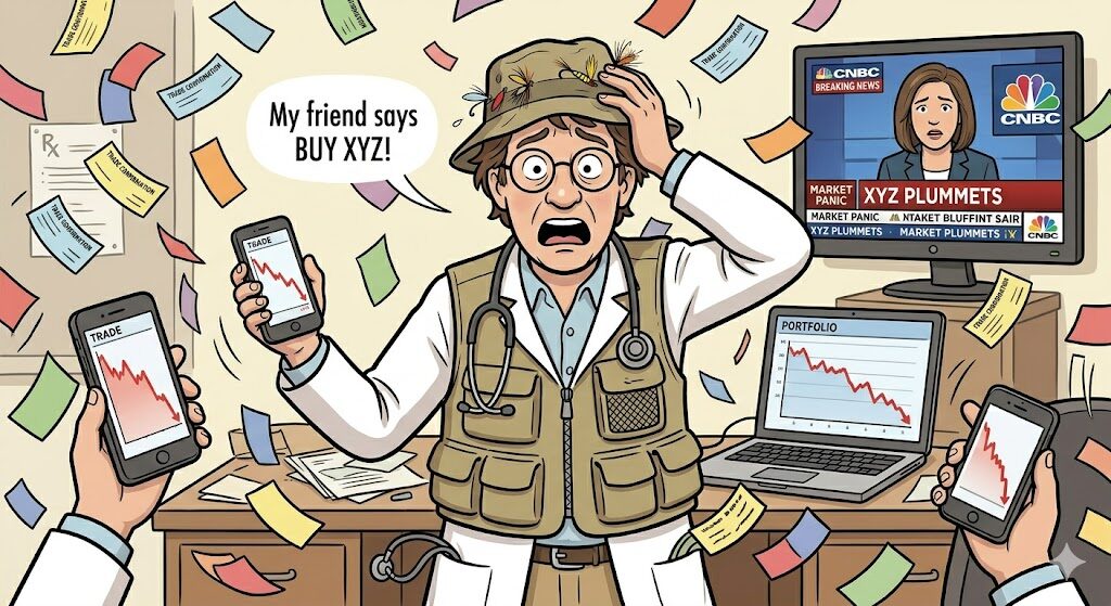 Doctor panicking over a hot stock tip while the market drops