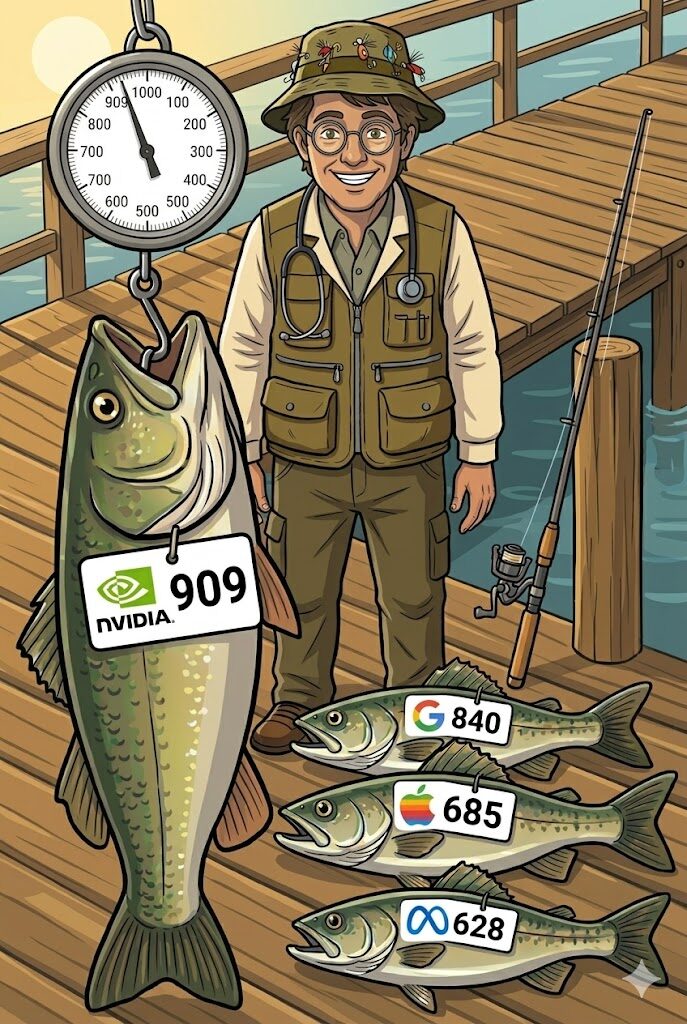 Fish on a dock tagged with company scores — bigger fish, higher Q_SCORE